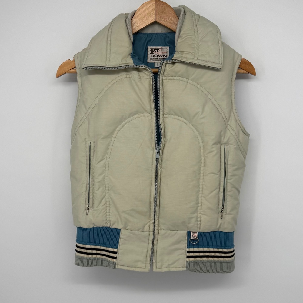 Vintage 1st Down Goose Down Puffer Vest Beige Blue Striped Small Y2K Gorpcore